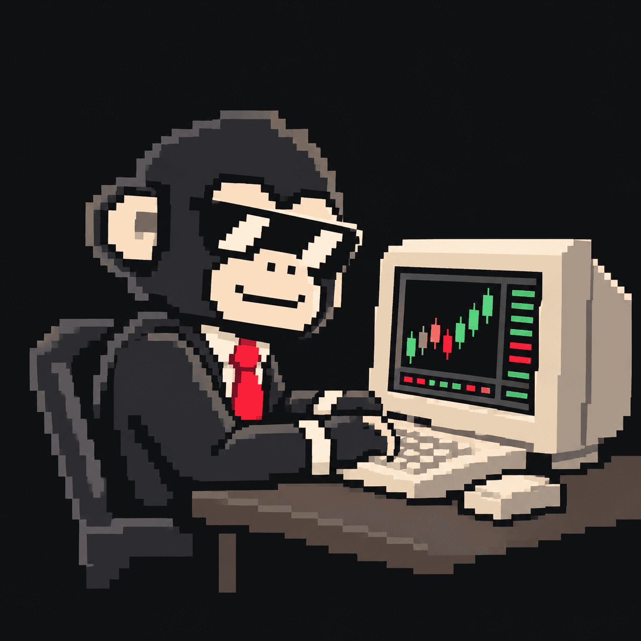 ape-gent mascot: pixel-art ape in sunglasses, black suit and gold tie trading at a retro CRT showing a rising candlestick chart